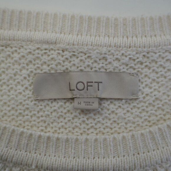 Ann Taylor Loft Cream Cableknit Scoop Neck Sweater Medium Cotton Wool - Picture 7 of 8